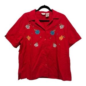 White Stag Vibrant Button Down Red Cotton Top w/ Embroidered Flowers XL